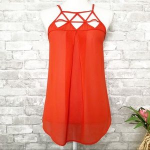 NWOT GREYLIN Orange Caged Semi Sheer Spaghetti Strap Cami Tank Top Size Small